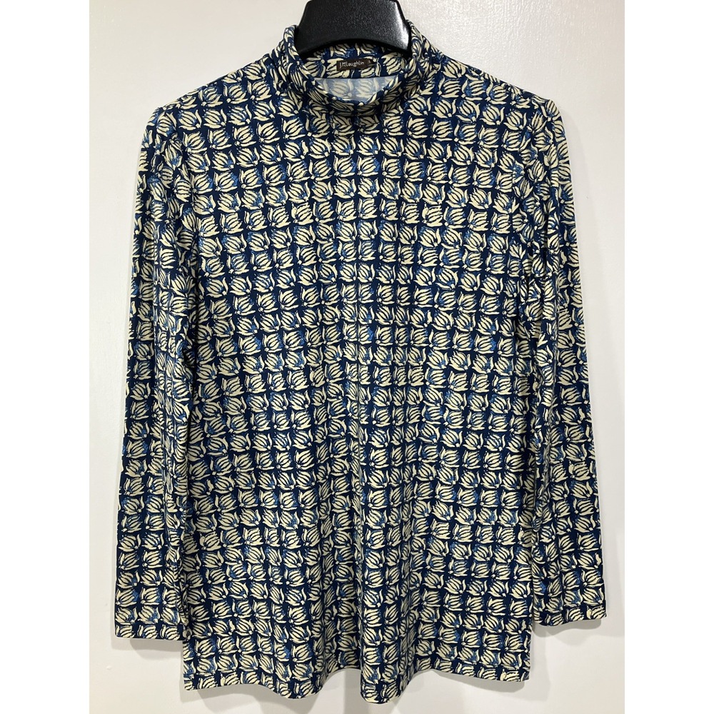 J. McLaughlin Turtleneck Mock Neck Shirt Womens Large Blue Floral Long Sleeve